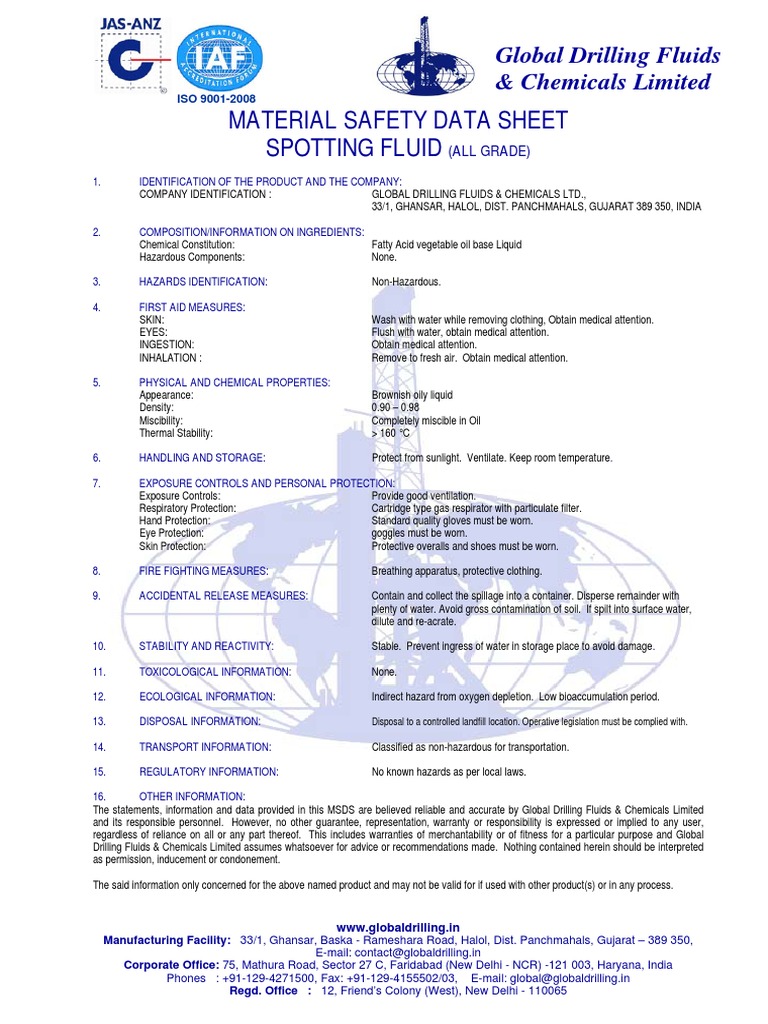 Global SPOTTING FLUID PDF Water Personal Protective Equipment