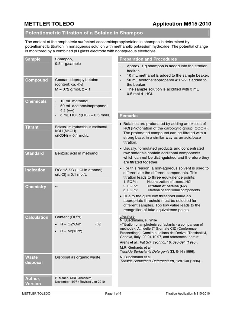 Mettler Toledo Application M6152010 Potentiometric Titration of A