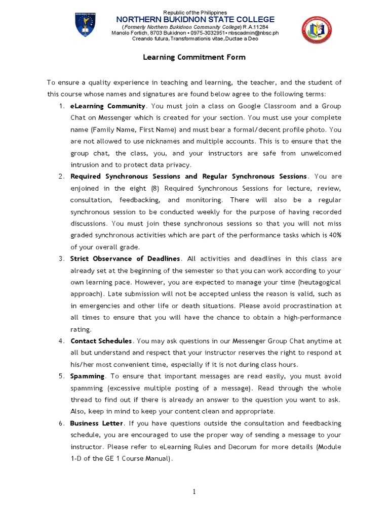 Learning Commitment Agreement Form | PDF | Educational Technology ...
