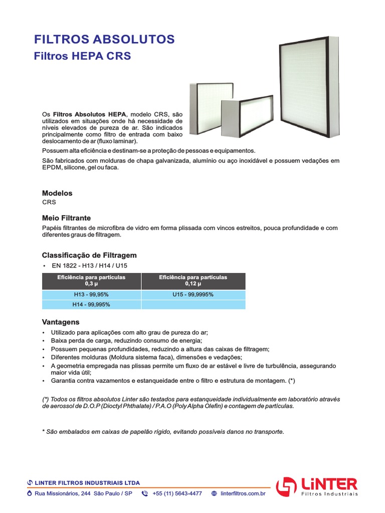 Filtros HEPA Absolutos CRS H14 | PDF | Filtragem | Química