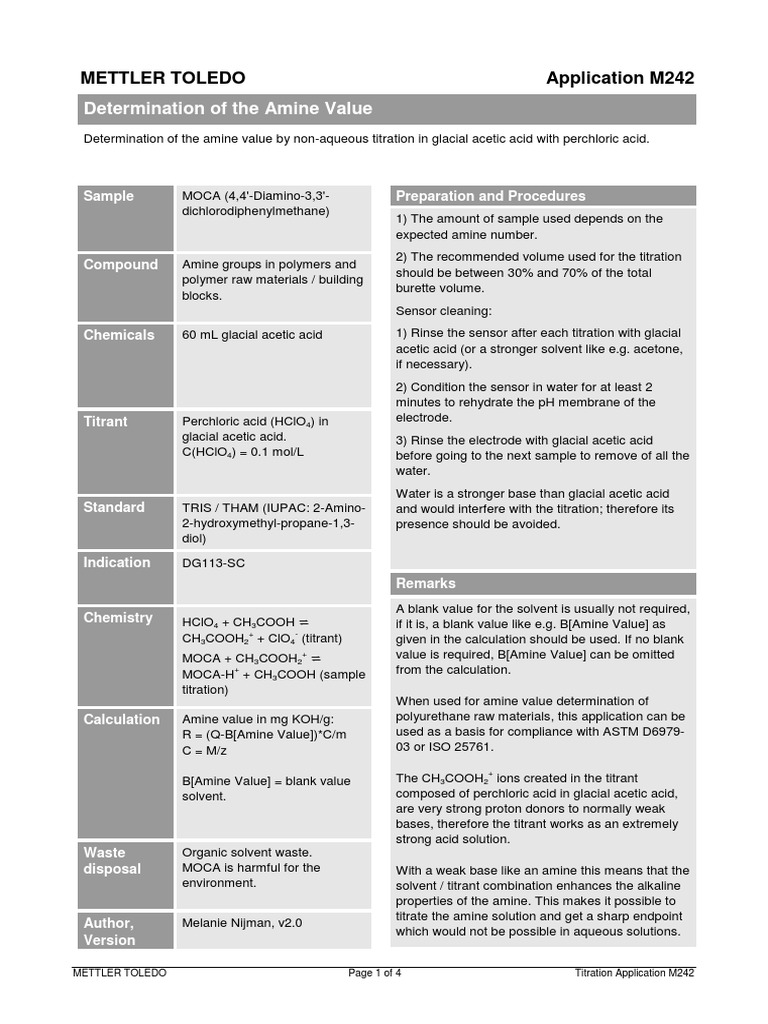 Determination of The Amine Value Mettler Toledo Application M242 PDF