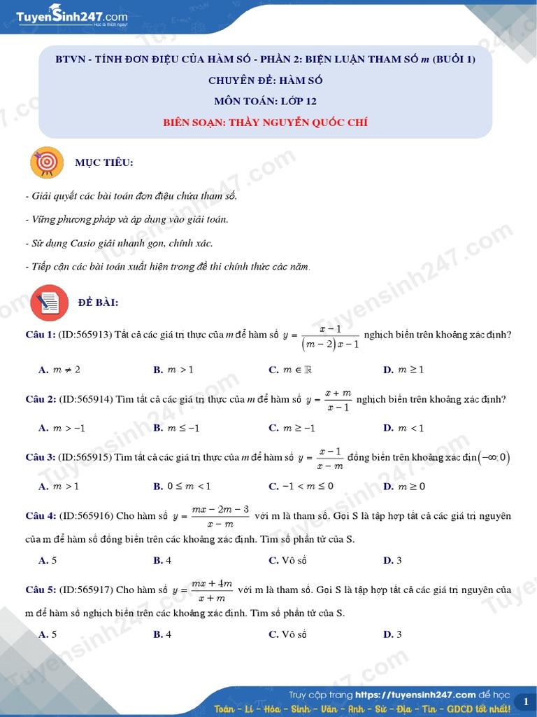 TS247 DT BTVN Tinh Don Dieu Cua Ham So Phan 2 Bien Luan Tham So M Buoi ...