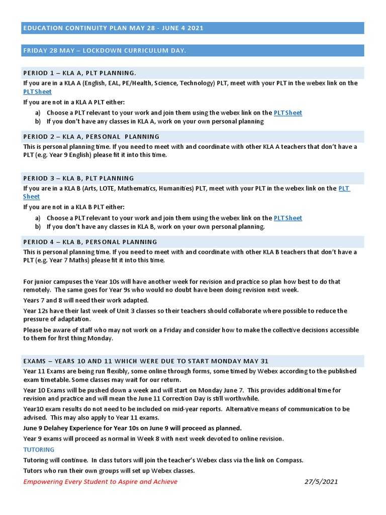 Education Continuity Plan May 2021 PDF Teachers Cognition