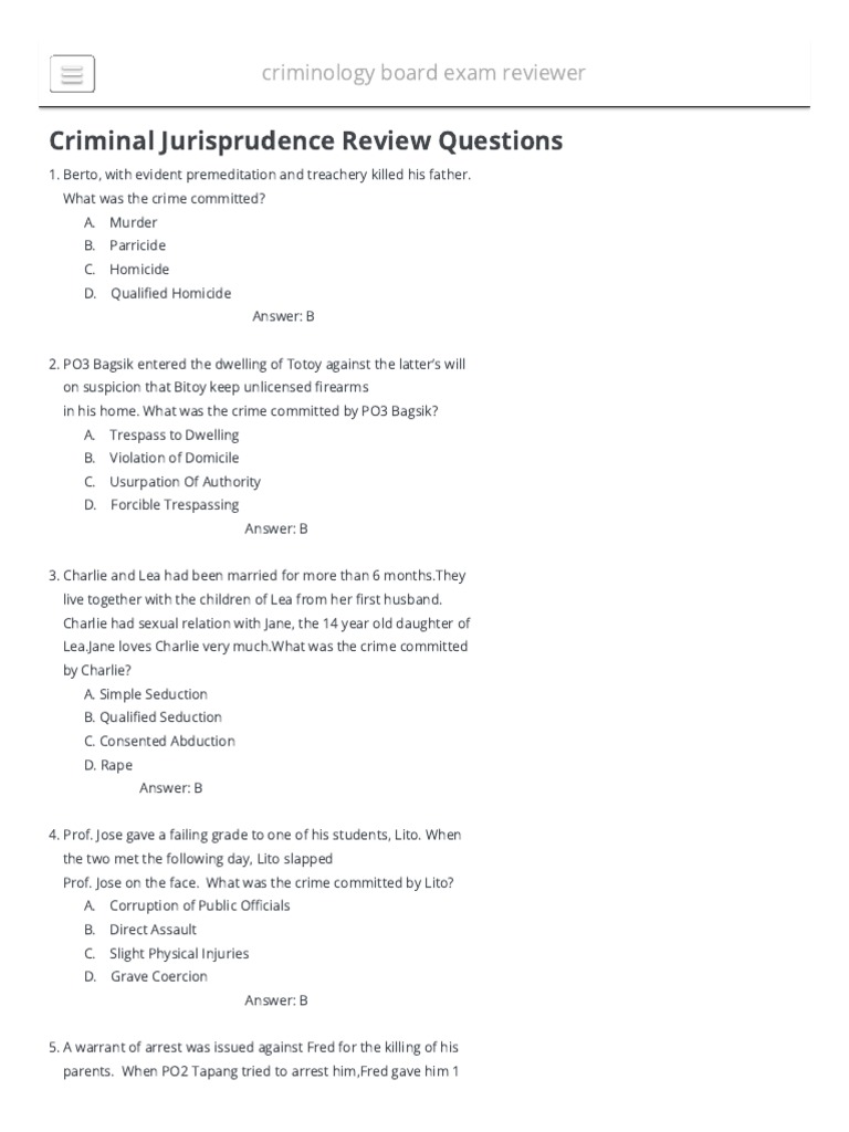 Criminal Jurisprudence Review Questions Criminology Board Exam