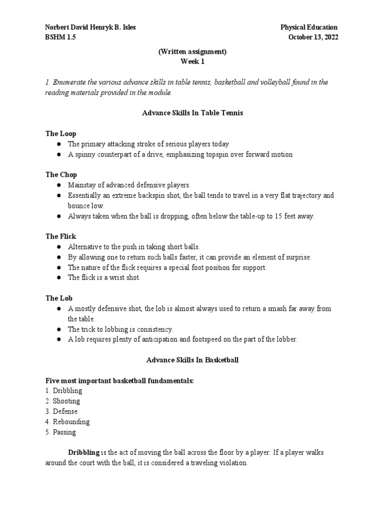 PE Week 1 PDF Table Tennis Volleyball