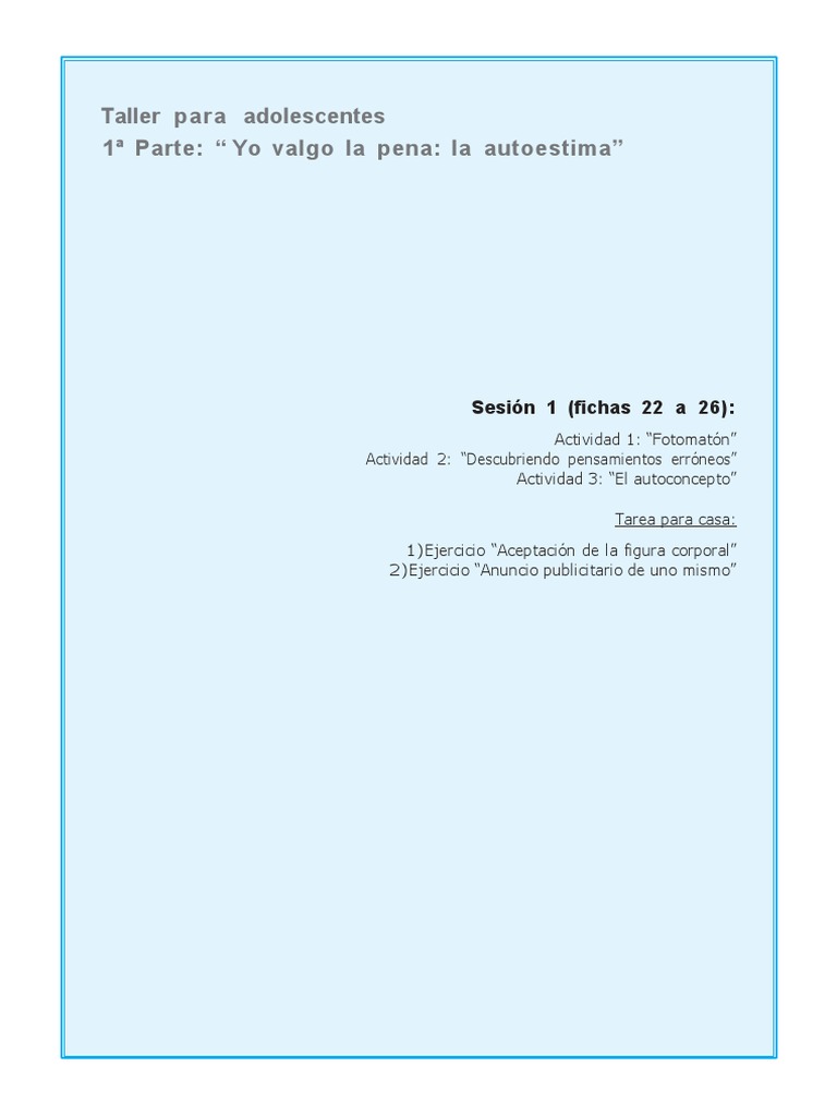 Taller de Autoestima para Adolescentes | PDF | Autoestima | Conceptos ...