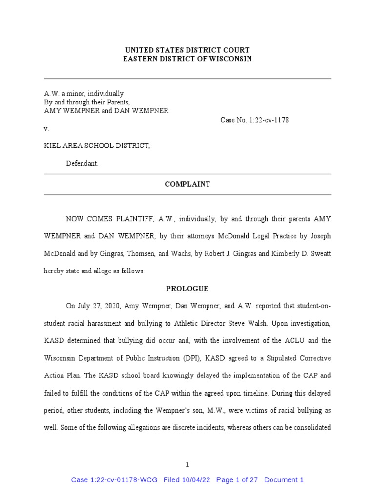 Lawsuit Against Kiel School District PDF Complaint Curriculum