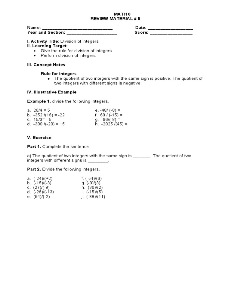 Refresher Material Grade 8 Mathematics 5 6 PDF Integer Mathematics