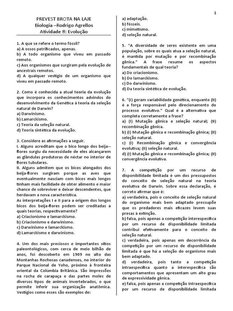 Questões ENEM Biologia - Evolução | PDF | Evolução | Seleção natural