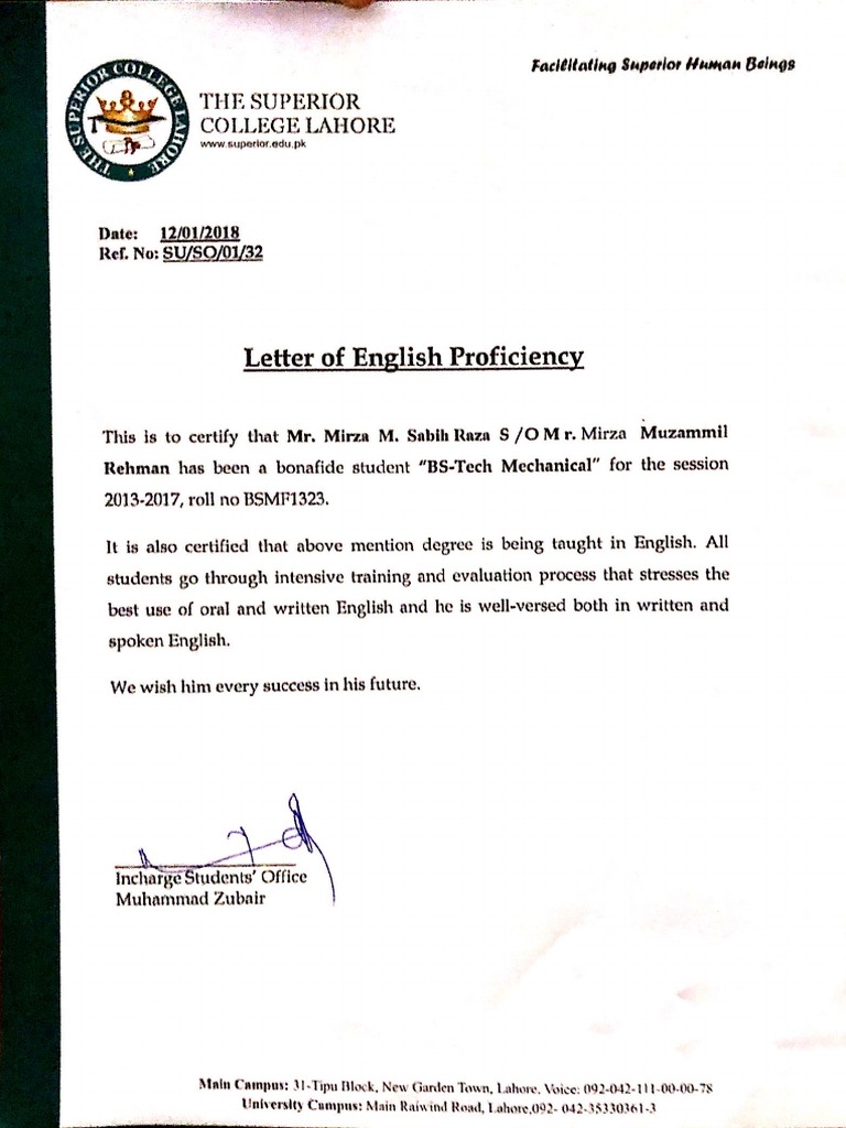English Proficiency Letter | PDF