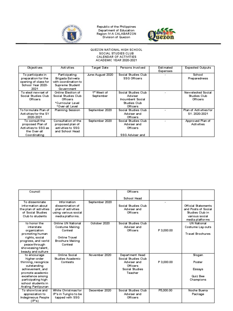 Social Studies Club Plan of Activities PDF