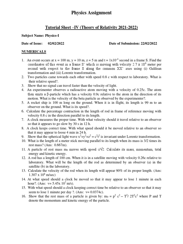 BCE Physics Assignment For Theory of Relativity 2021-2022 | PDF ...