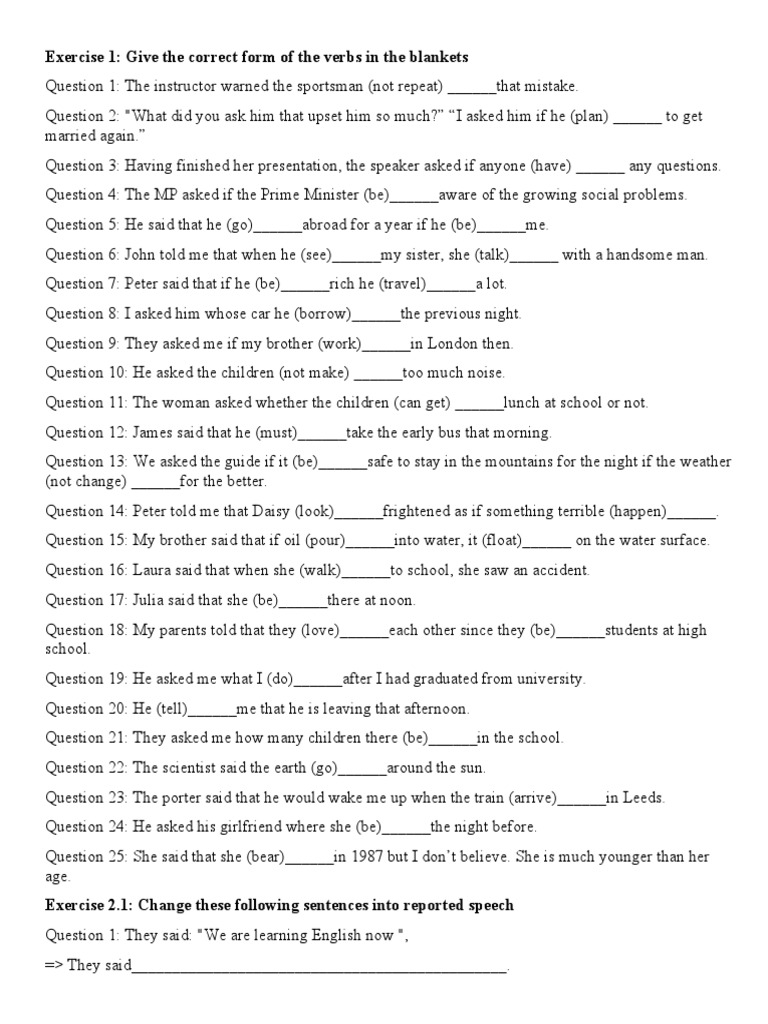 Reported Speech Exercises | PDF | Question