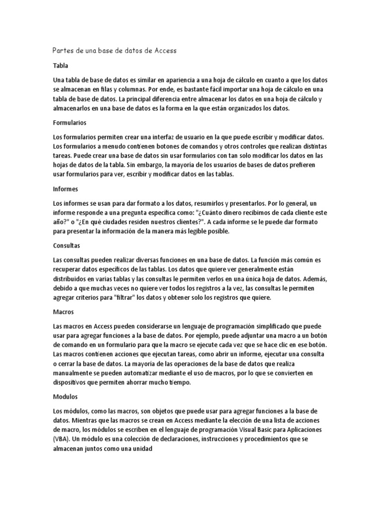 Partes de una base de datos de access pdf macro inform tica