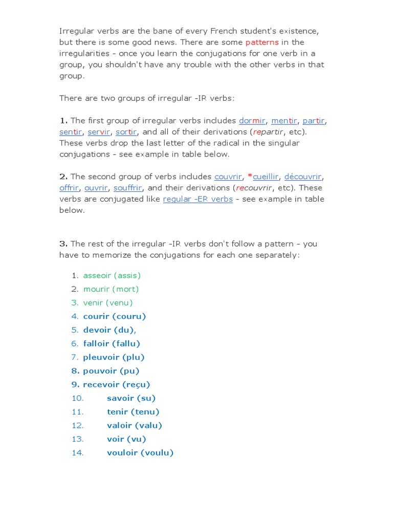 French Irregular Verbs Conjugation Guide | PDF | Grammatical ...