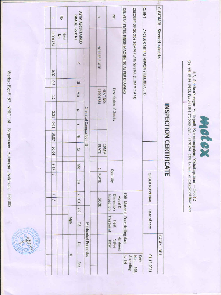 SS 316L INSPECTION CERTIFICATE | PDF