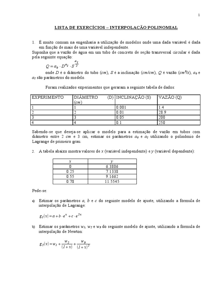 Lista de Exercícios - Interpolação Polinomial | PDF