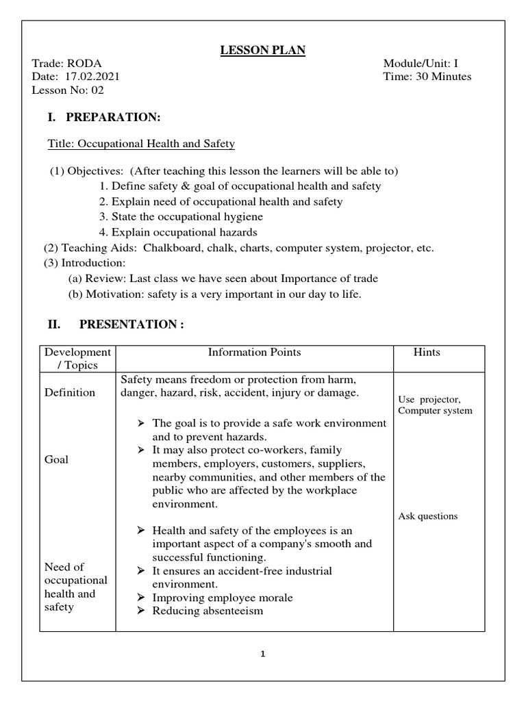 Occupational Health and Safety Lesson Plan | PDF | Occupational Safety ...