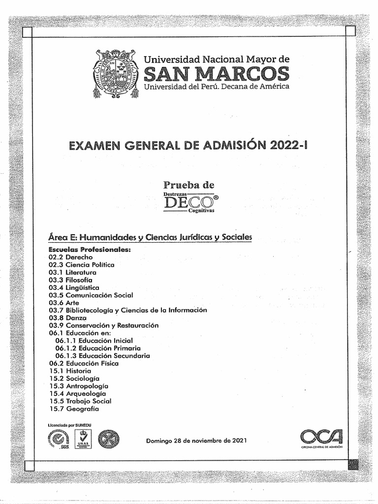 Examen Admisiòn San Marcos I Deco | PDF