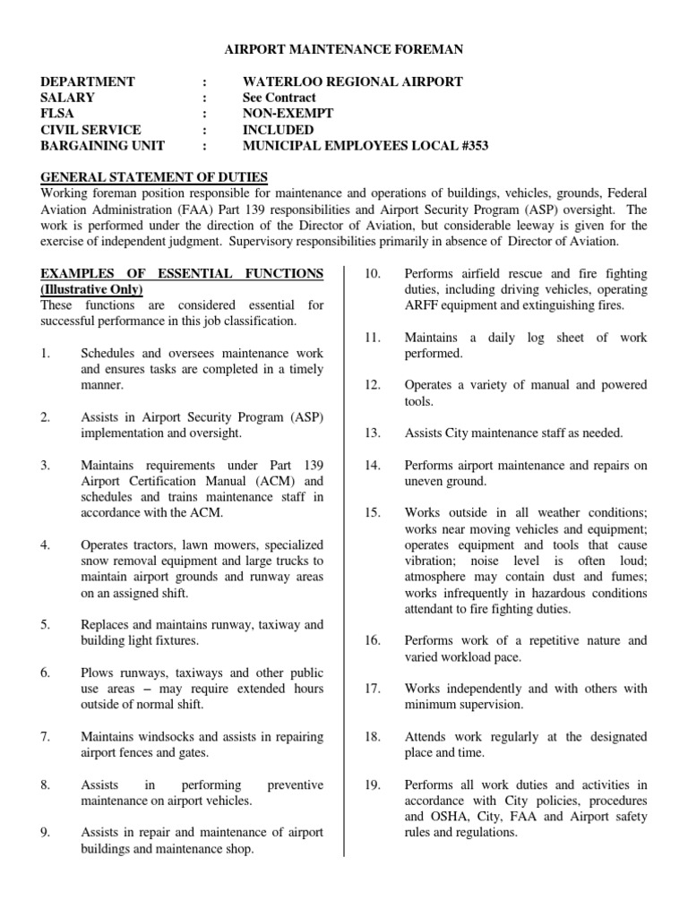 AIRPORT MAINTENANCE FOREMAN DESCRIPTION 14 PDF Airport Employment