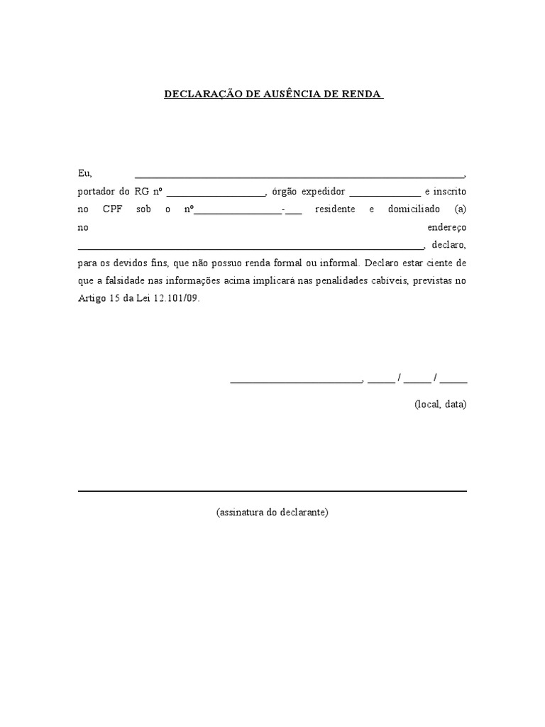 Declaração De Ausência De Renda Pdf