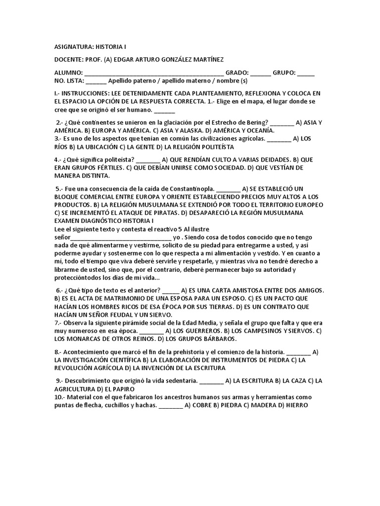 Diagnostico Historia I 2022 | PDF