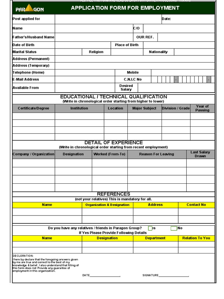 Paragon Employment Form PDF