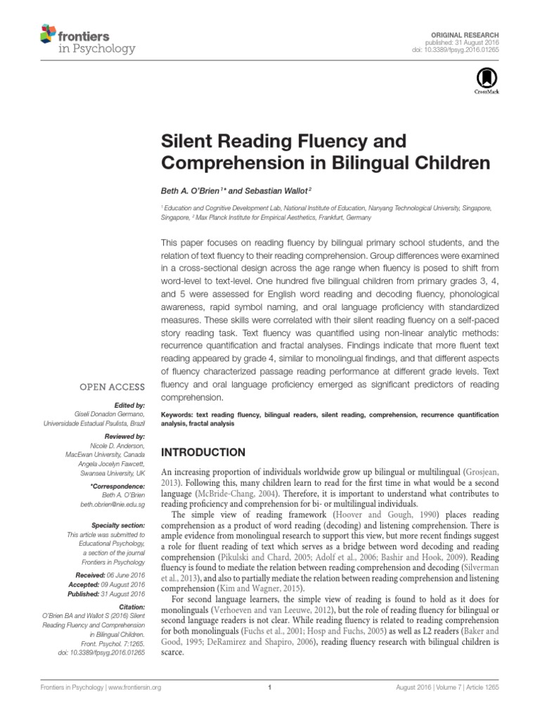 Silent reading fluency and comprehension in bilingual children pdf