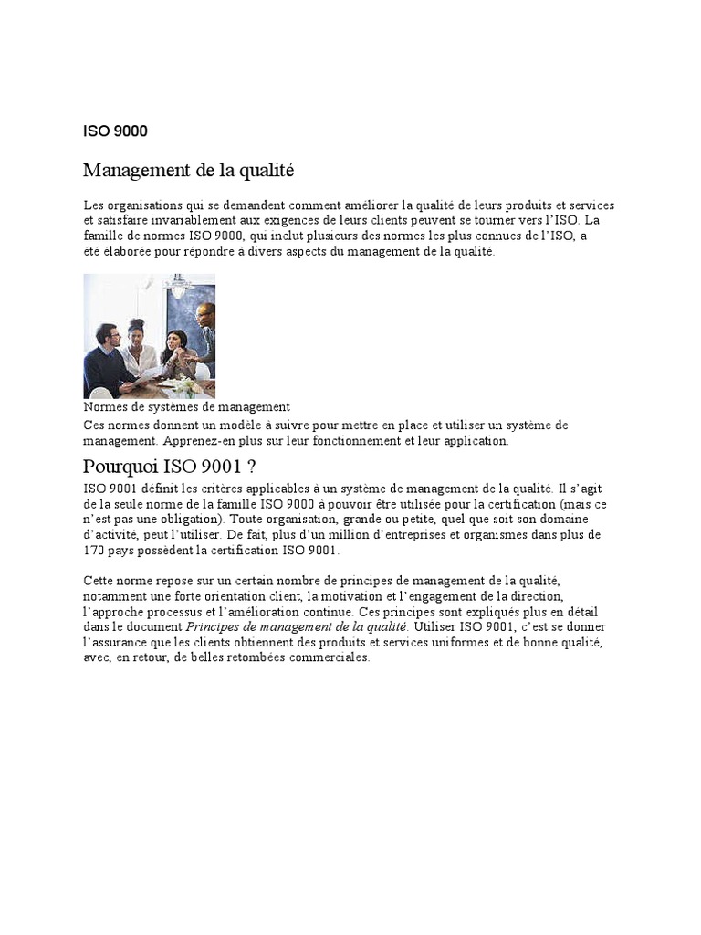 Normes ISO 9000 : Gestion de la qualité | PDF | Management de la ...
