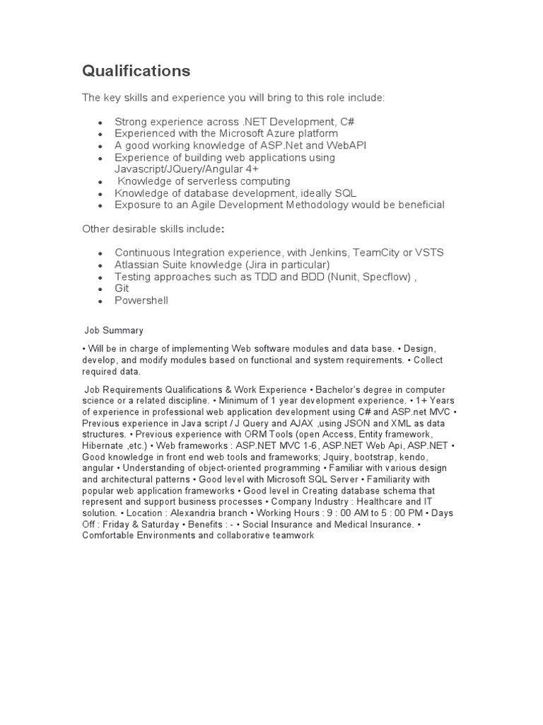 .NET Developer Job Qualifications | PDF