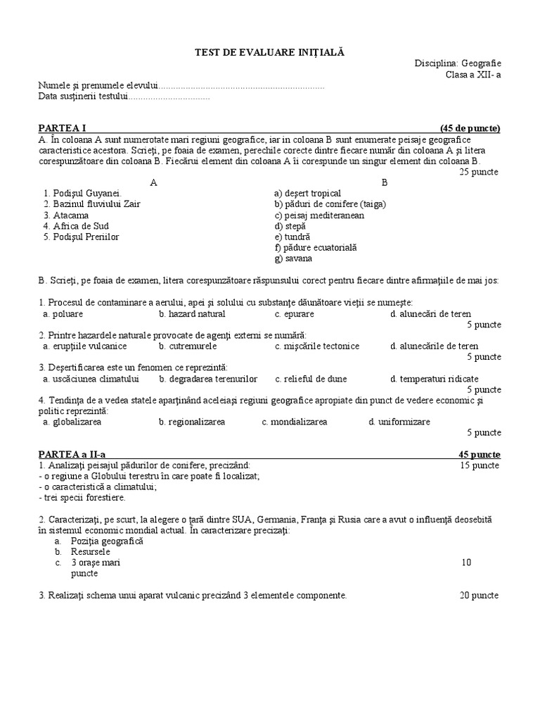 Test - de - Evaluare - Initiala Cl. 12 | PDF