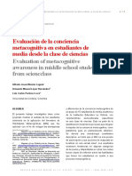 Evaluación de La Conciencia Metacognitiva en Estudiantes de Media Desde La Clase de Ciencias