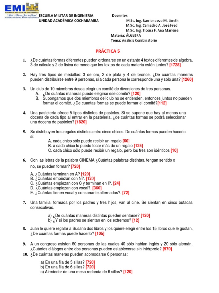 Práctica n5 Analisis Combinatorio | PDF | Estudios de idiomas extranjeros