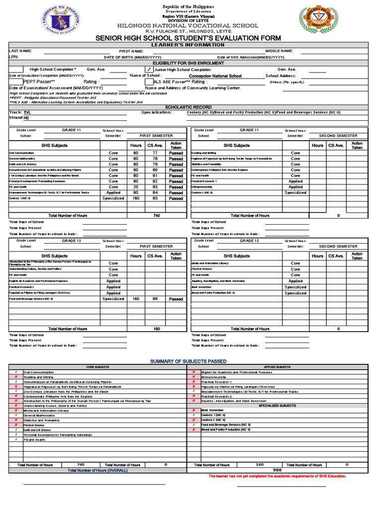 Shs Evaluation Form TVL He Cookery | Download Free PDF | Middle Schools ...