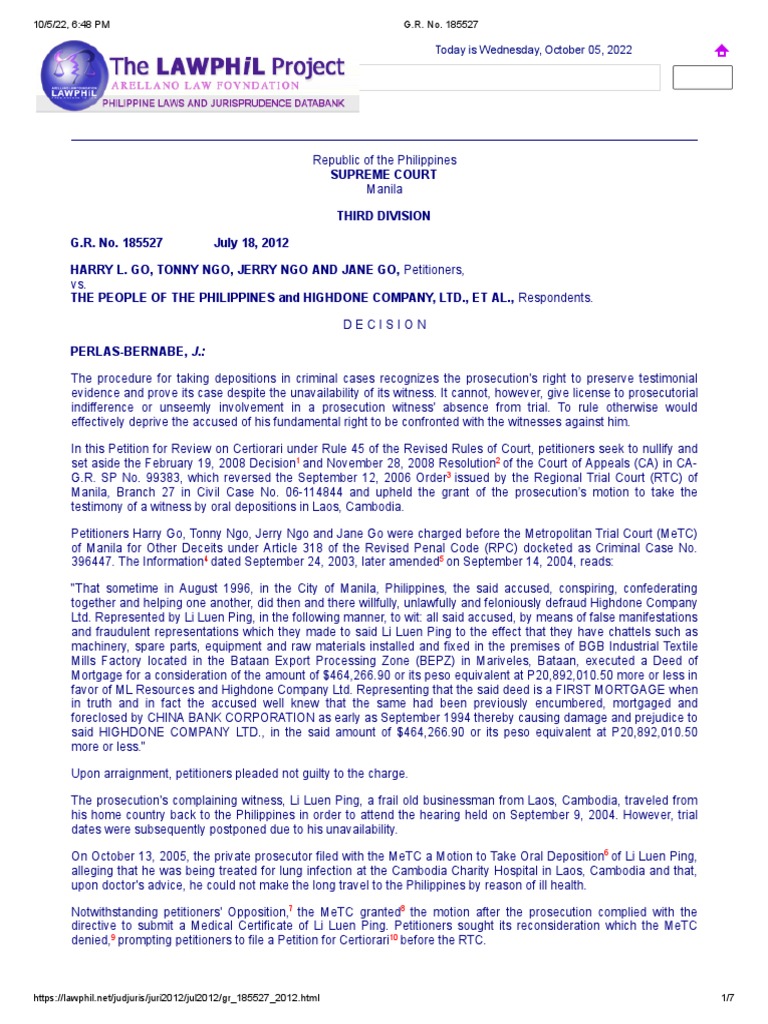 Go v people 677 scra 213 2012 personal appearance in court pdf