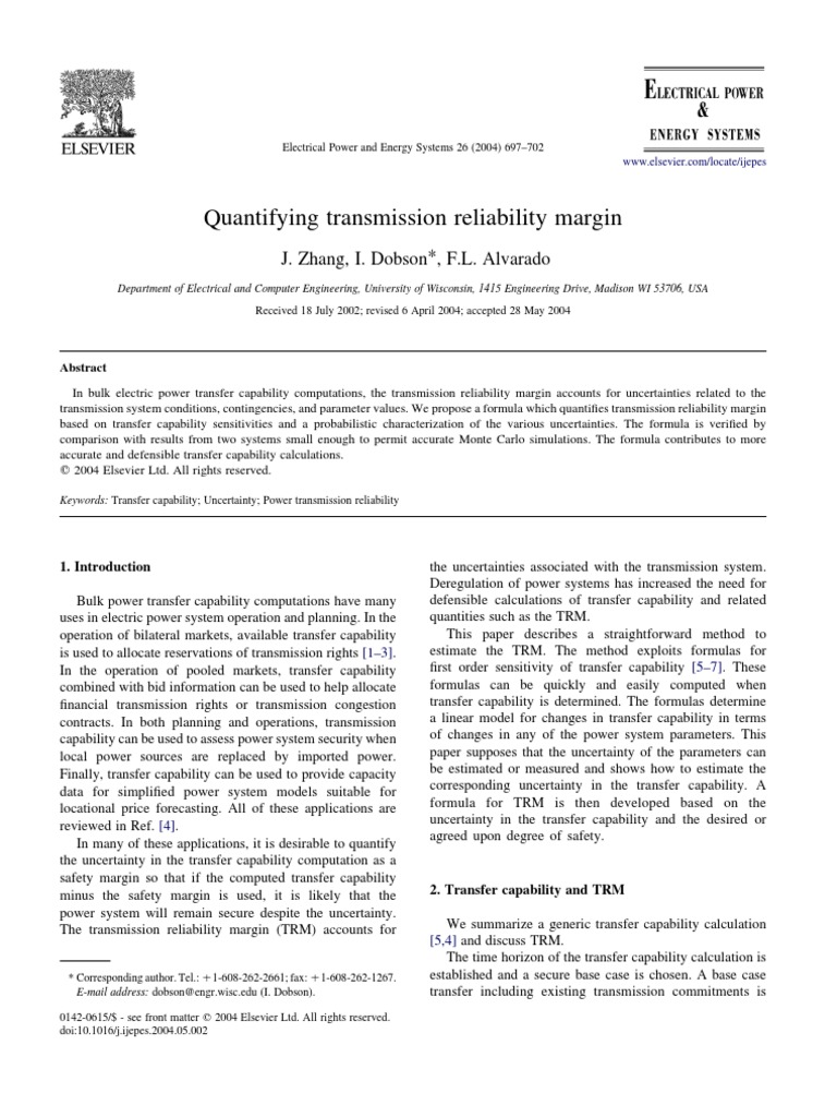 Quantifying Transmission Reliability Margin J. Zhang, I. Dobson, F.L. Alvarado PDF