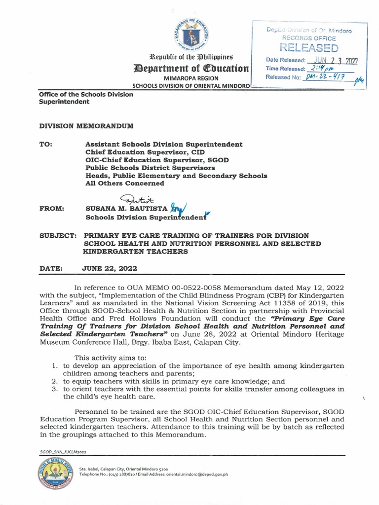 Primary Eye Care Training of Trainers For Division School Health and