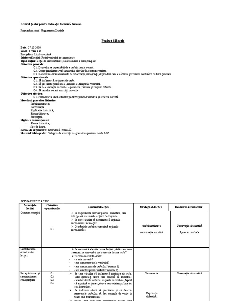 Verbul Proiect De Lectie