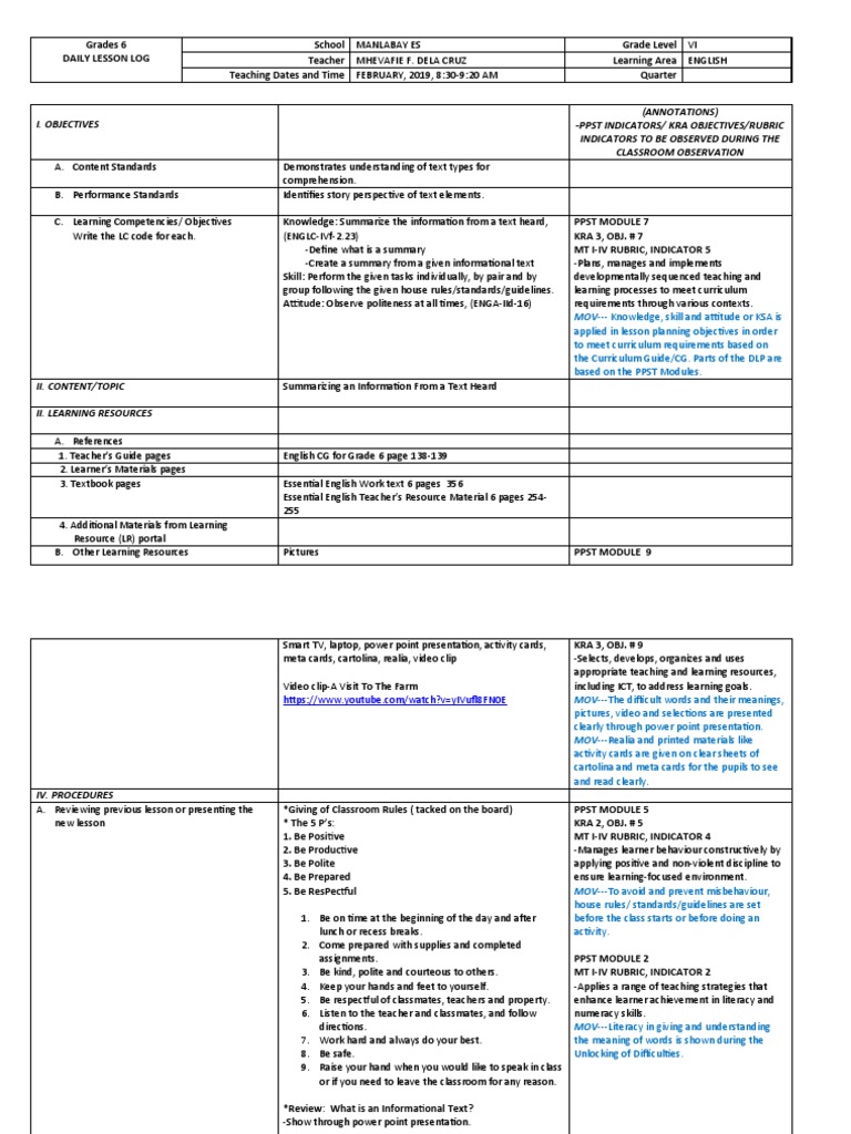 Cot Lesson Plan English PDF Lesson Plan Curriculum