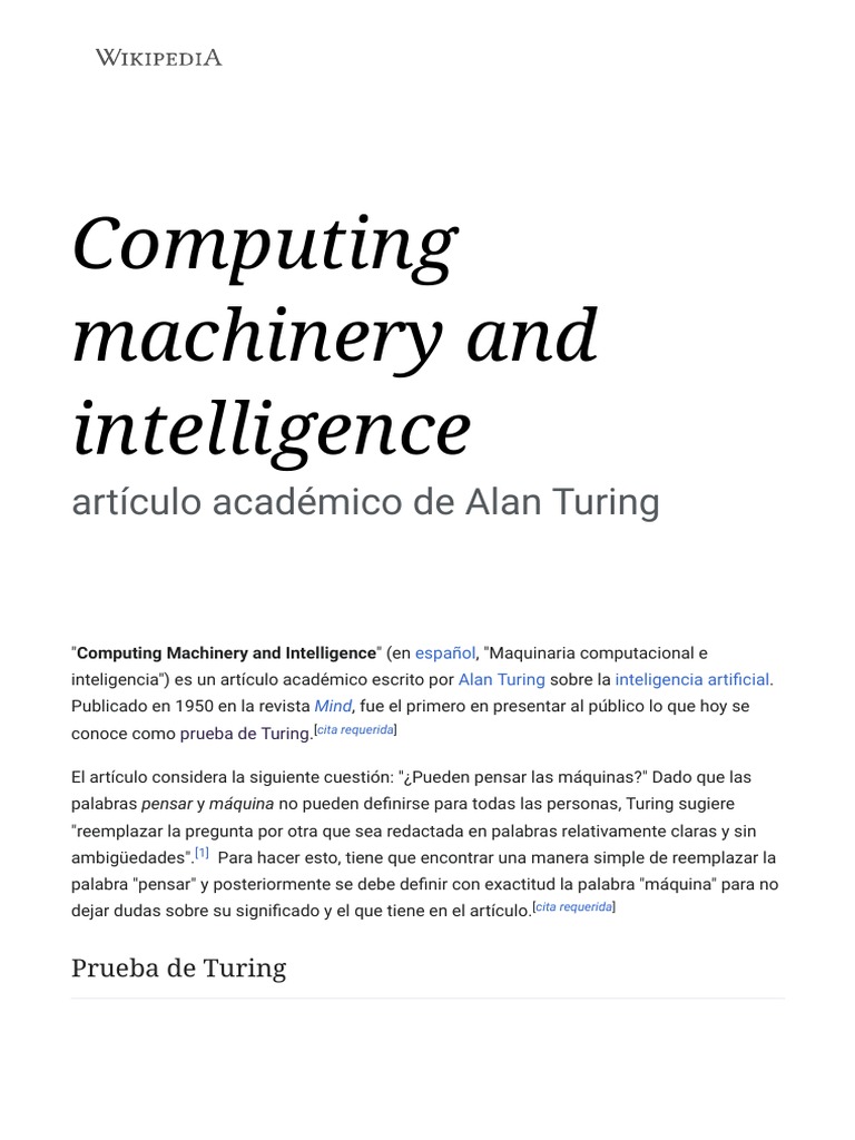 Computing Machinery and Intelligence Wikipedia, La Enciclopedia Libre PDF Cognición
