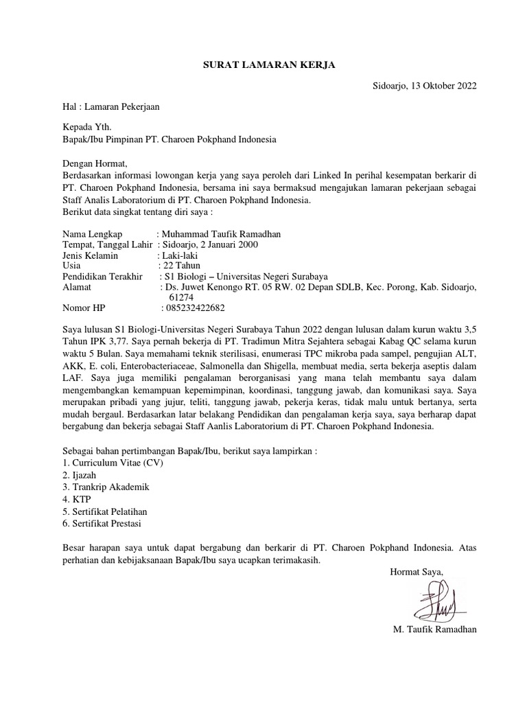 SURAT LAMARAN KERJA - PT. Charoen Pokphand Indonesia | PDF