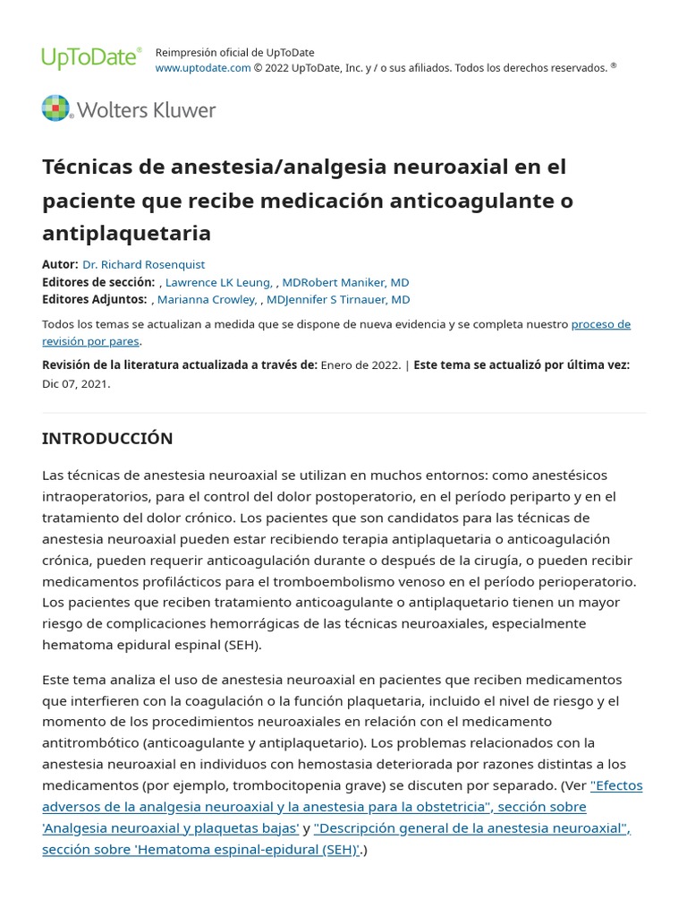Neuraxial Anesthesia Analgesia Techniques in The Patient Receiving