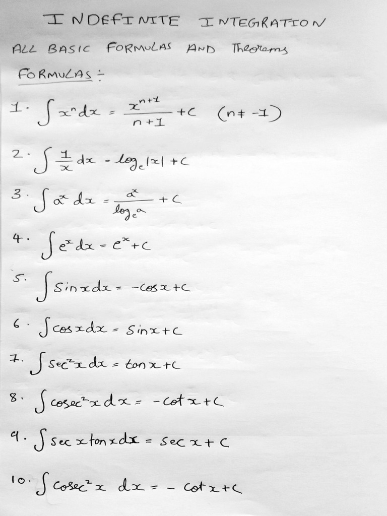 Indefinite Integration Basic Formulas and Theorems | PDF