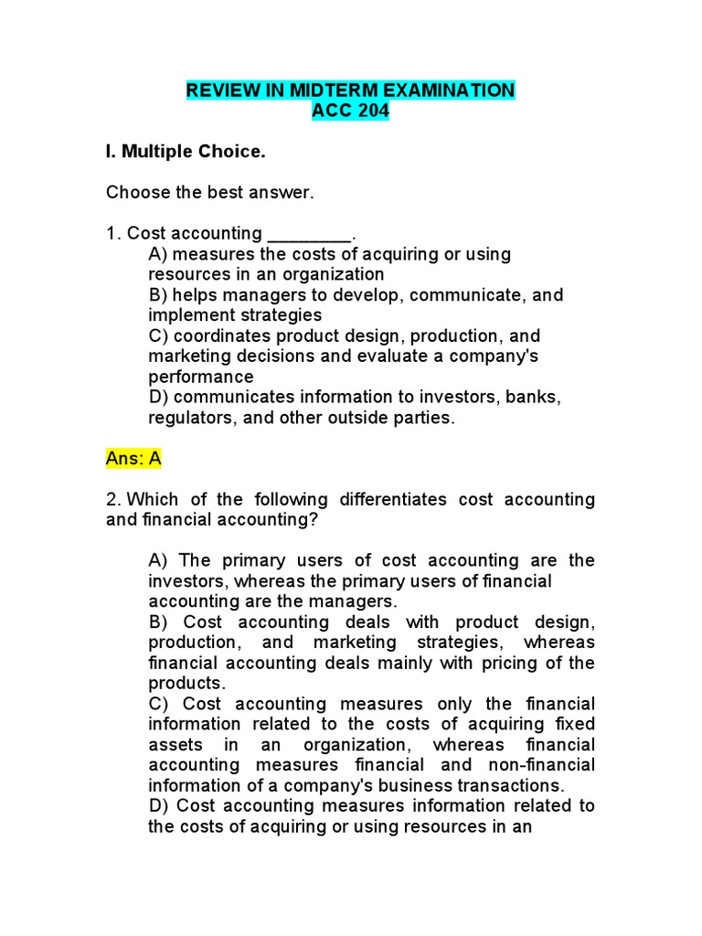 ACC 204 Cost Accounting Midterm Review | PDF | Cost Of Goods Sold ...