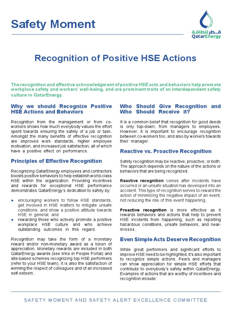 SafetyMoment - Guidelines - Recognition of Positive HSE Actions | PDF ...