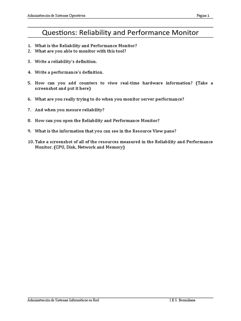 Questions Reliability and Performance Monitor PDF