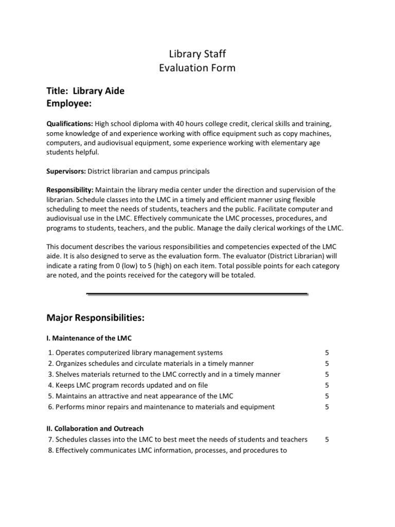 Library Aide Evaluation | PDF | Libraries | Librarian