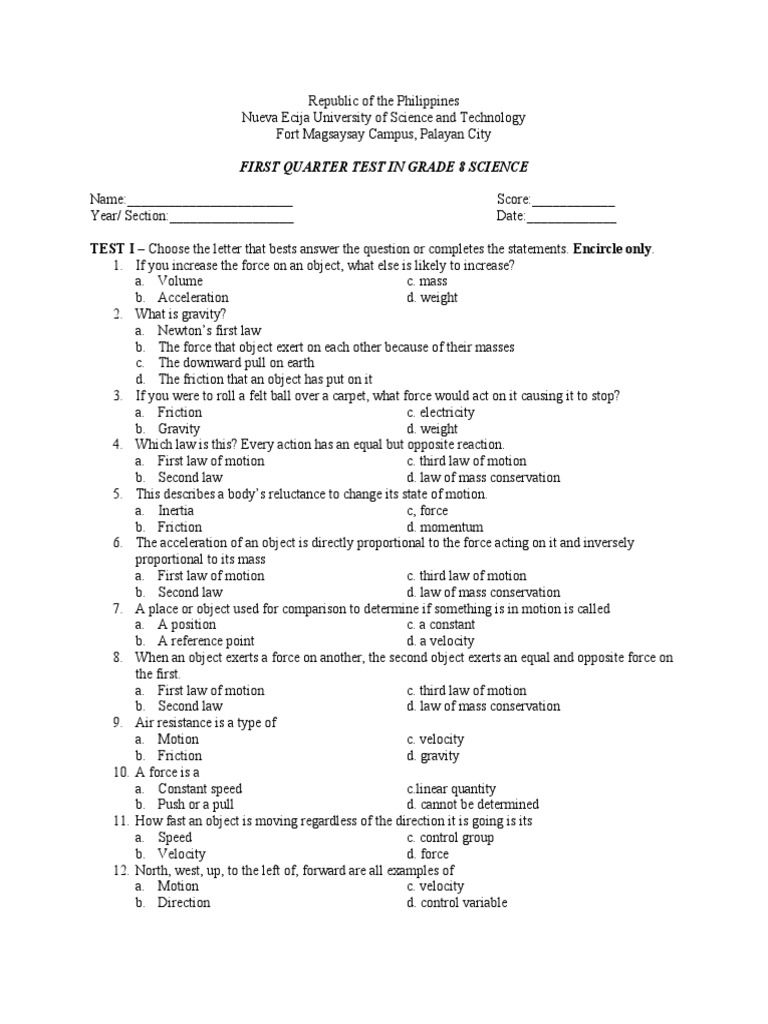 Grade 8 Science First Quarter | PDF | Force | Newton's Laws Of Motion