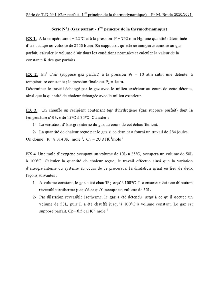 Gaz parfait et thermodynamique : T.D 1 | PDF | Chaleur | Thermodynamique