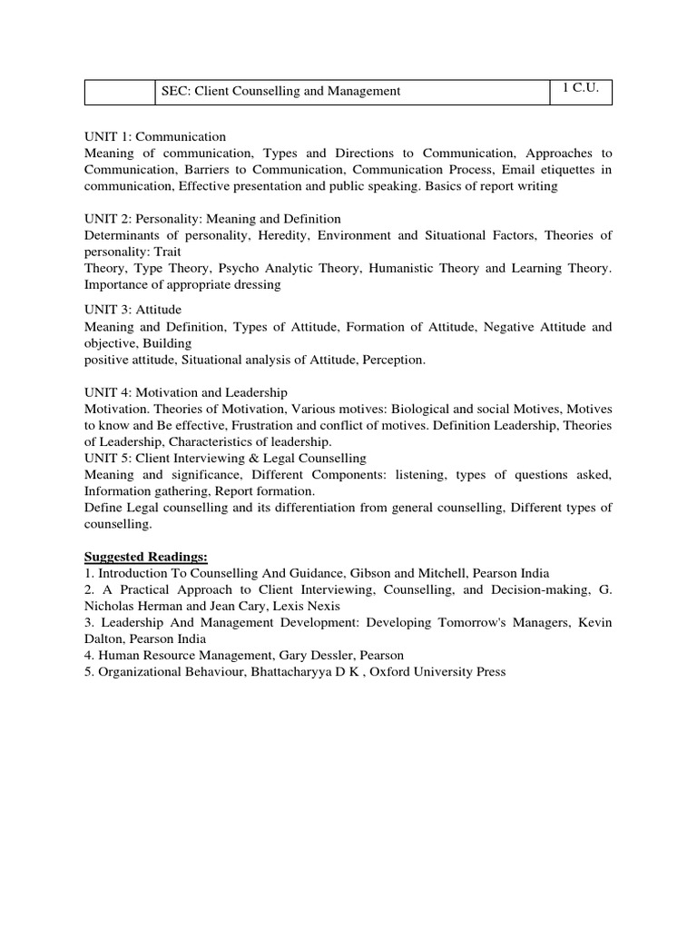 SEC Client Counselling SYLLABUS | PDF | Career & Growth | Self-Improvement